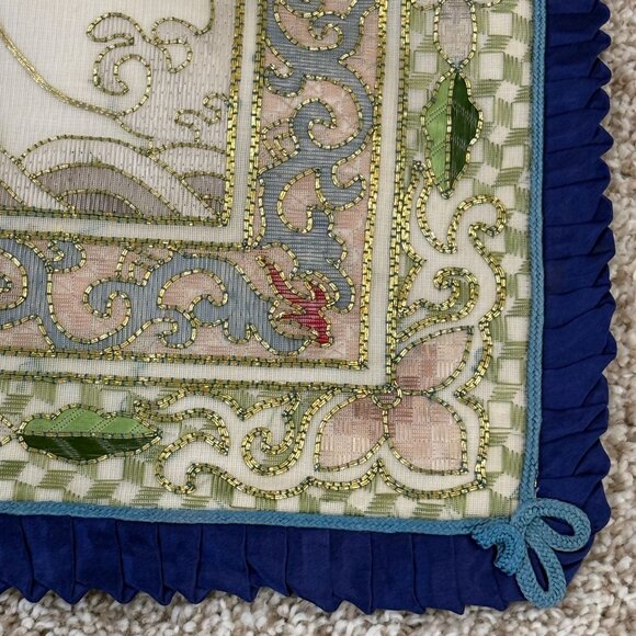 Asian-Inspired Embroidered Dragon Silk Pillow Cover With Blue Ruffled Edges - Picture 4 of 9